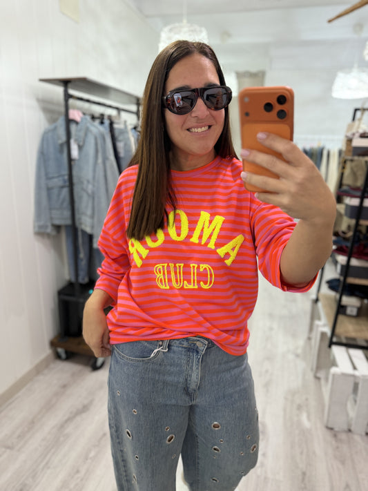 Sudadera Amour Club fluor coral y rosa