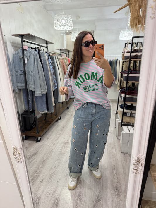 Sudadera Amour Club fluor verde y rosa