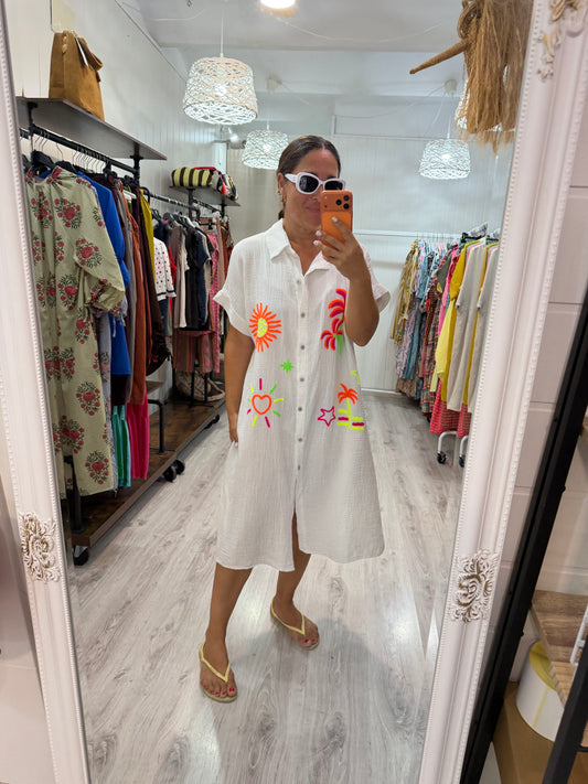 Vestido Tropical fluor bambula blanco
