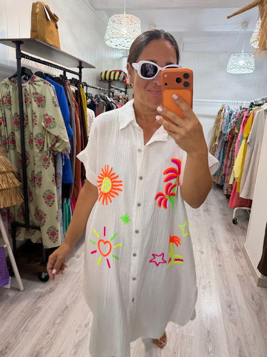 Vestido Tropical fluor bambula blanco