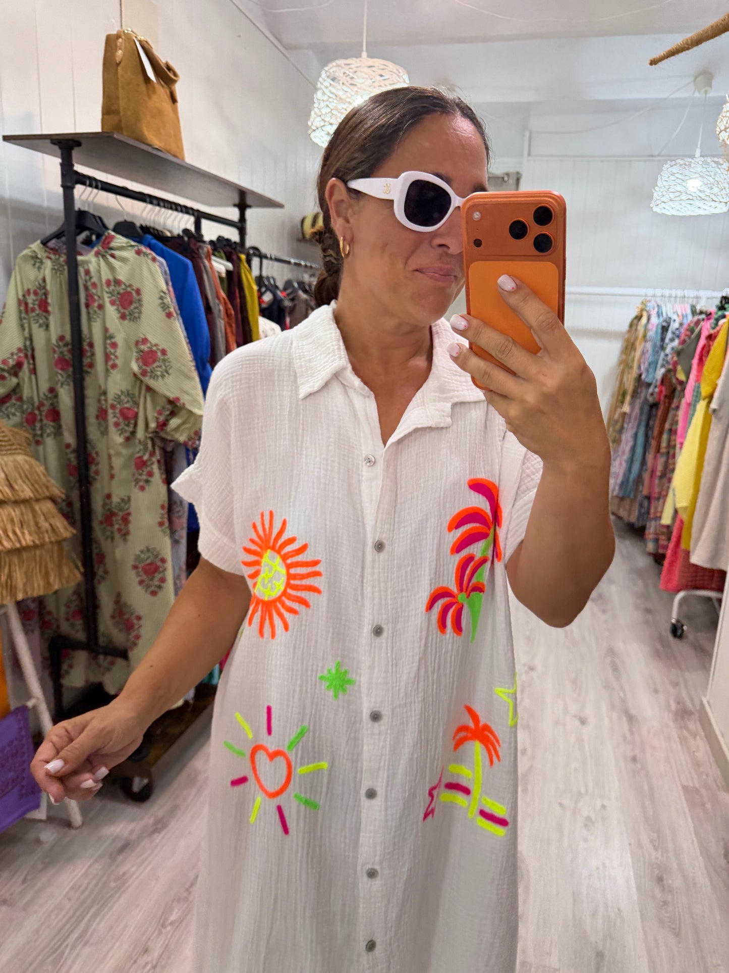 Vestido Tropical fluor bambula blanco