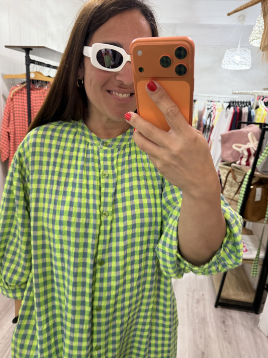Vestido Vichy fluor verde y azul