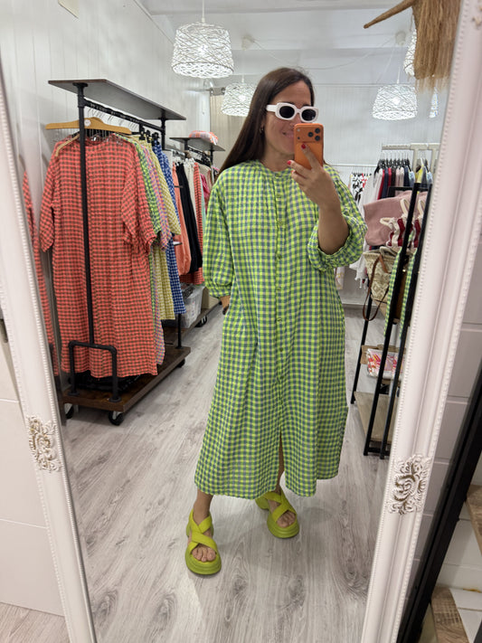 Vestido Vichy fluor verde y azul