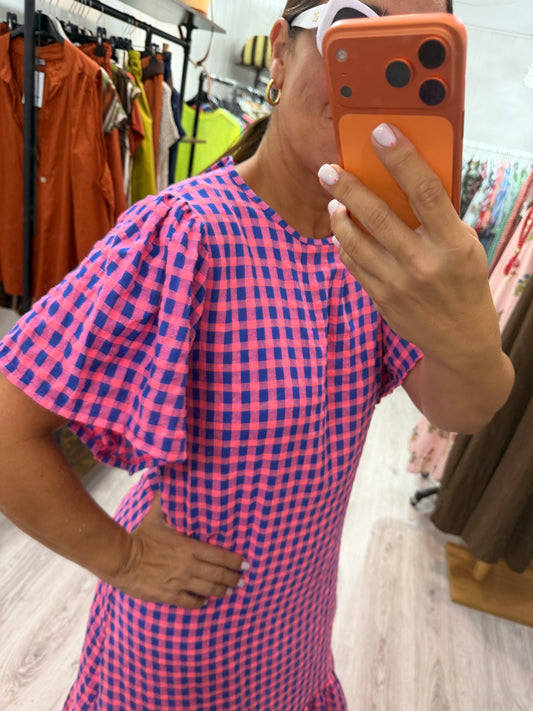 Vestido Vichy fluor volantes azul klein y fucsia