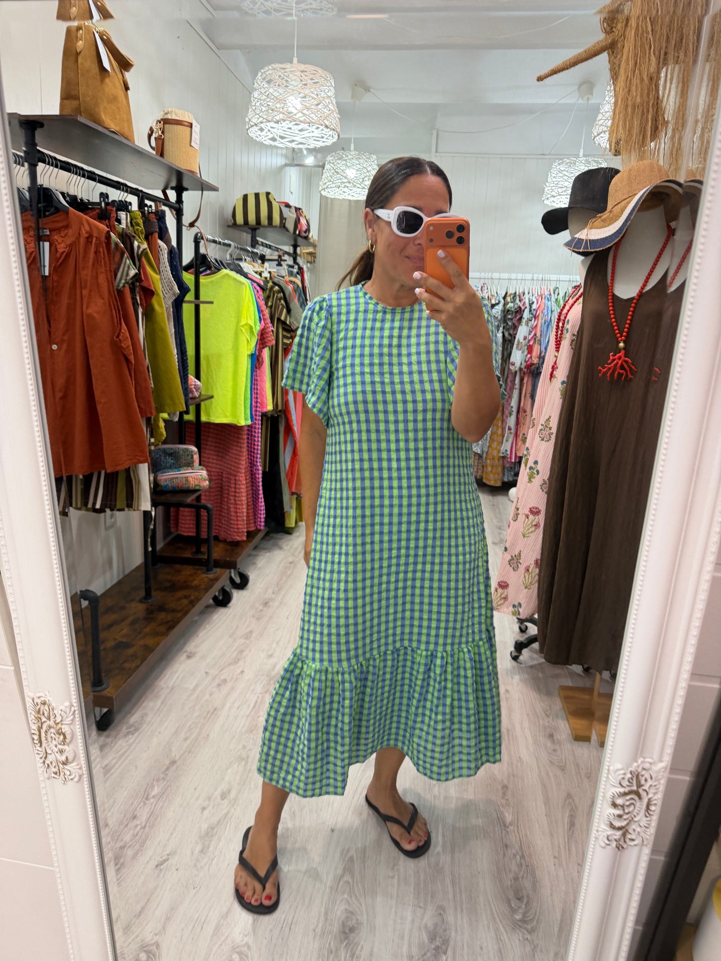 Vestido Vichy fluor volantes azul y verde