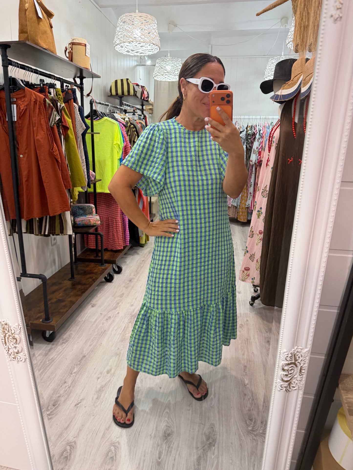 Vestido Vichy fluor volantes azul y verde