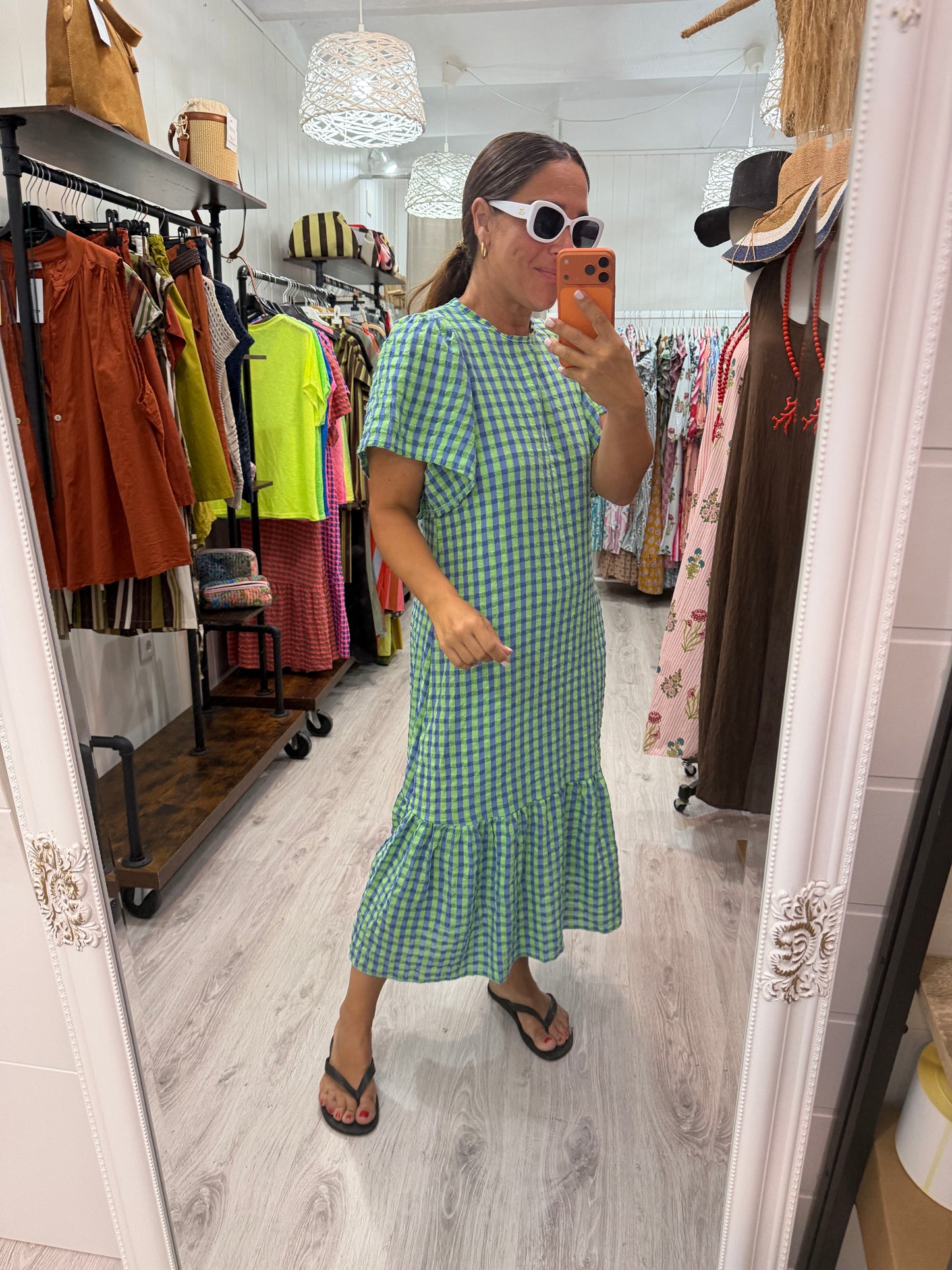 Vestido Vichy fluor volantes azul y verde