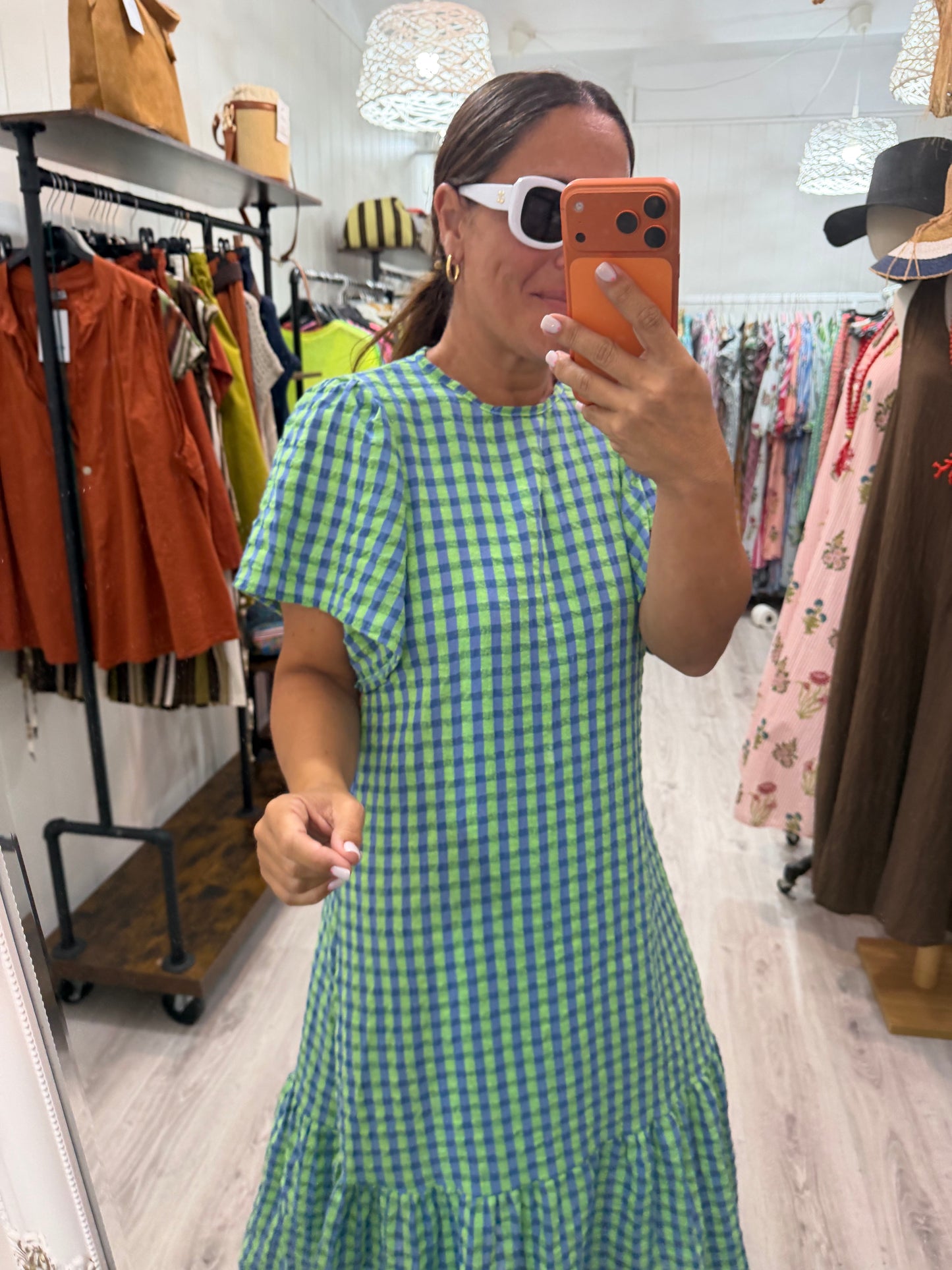Vestido Vichy fluor volantes azul y verde