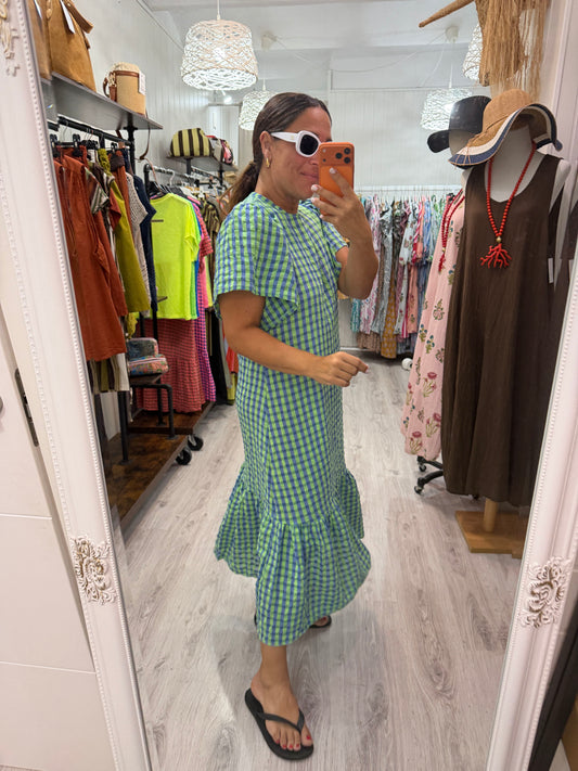 Vestido Vichy fluor volantes azul y verde