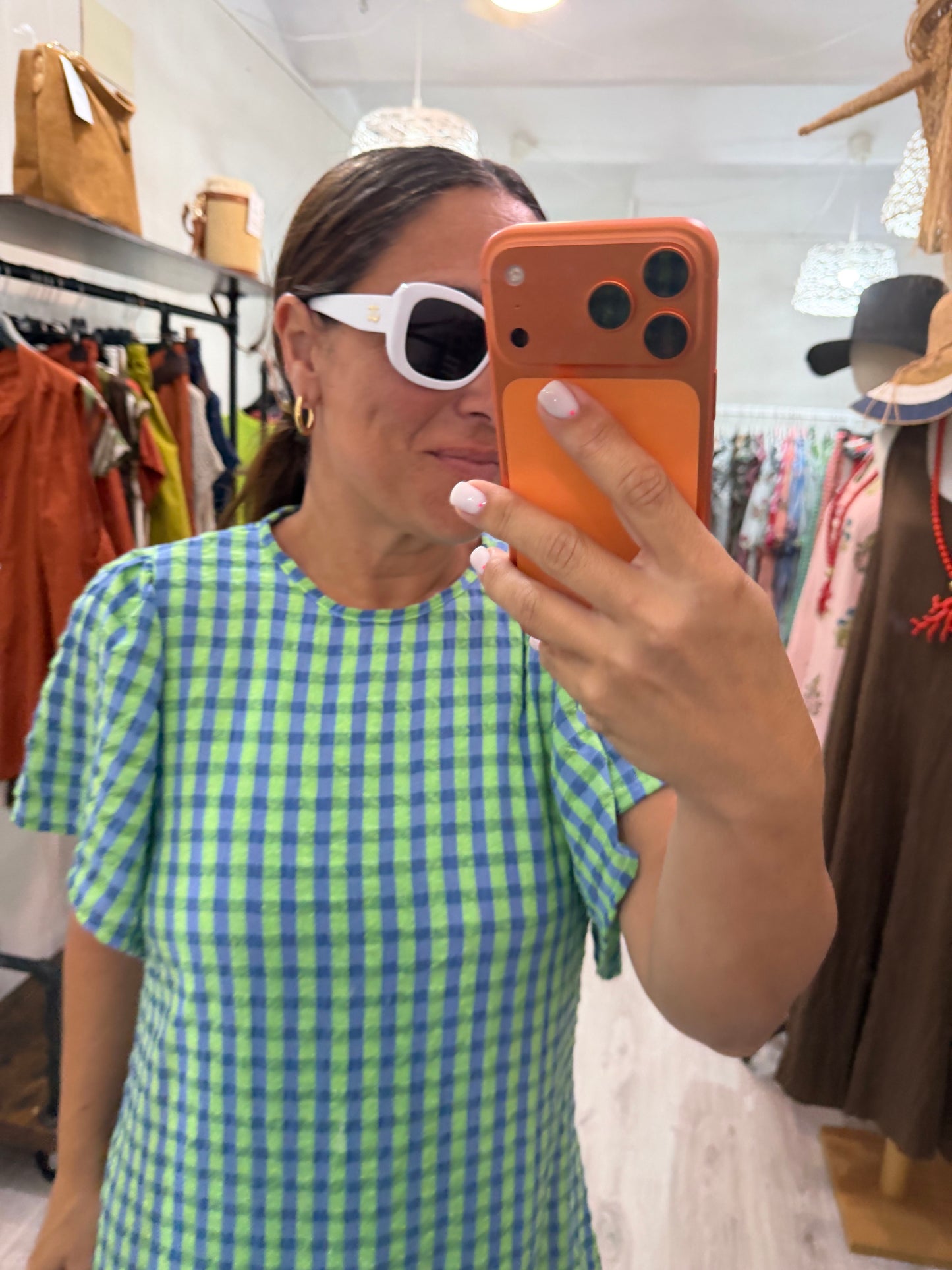 Vestido Vichy fluor volantes azul y verde