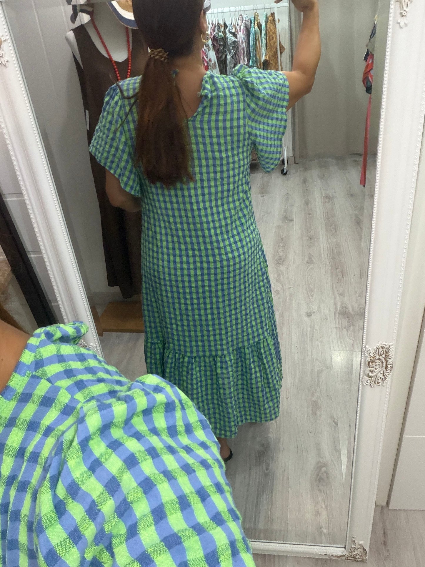 Vestido Vichy fluor volantes azul y verde