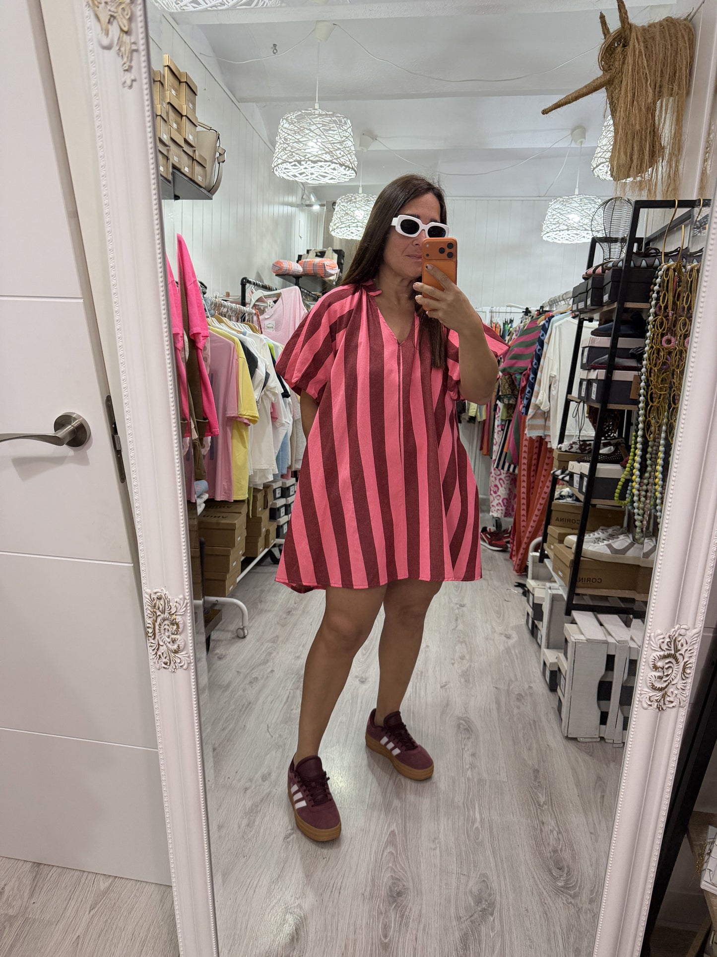 Vestido Cascais corto burdeos y fucsia