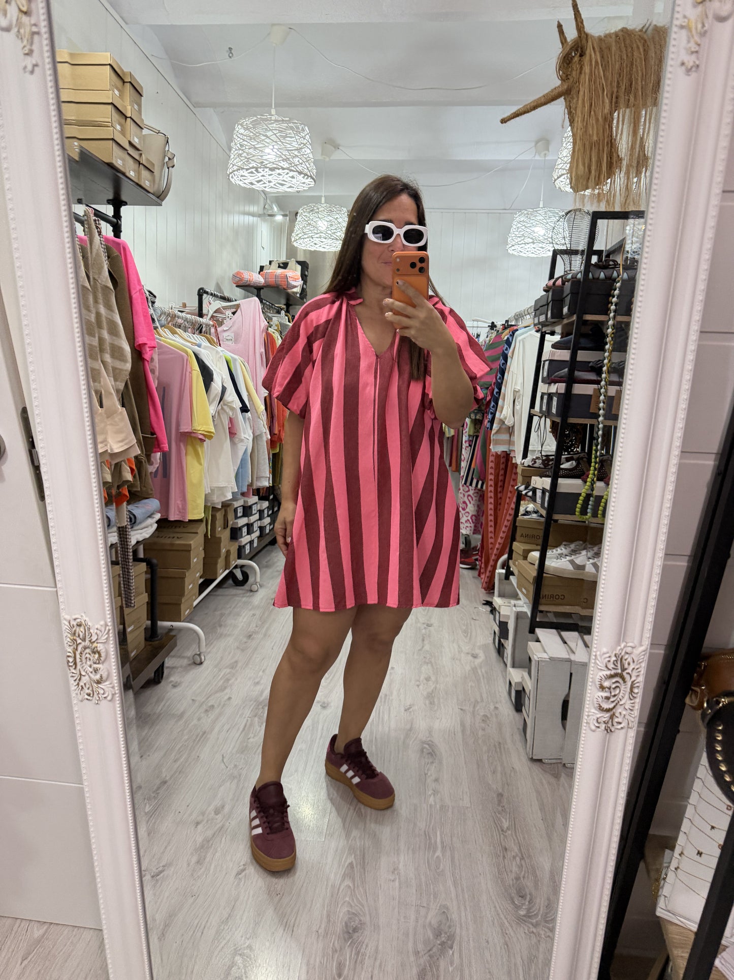 Vestido Cascais corto burdeos y fucsia