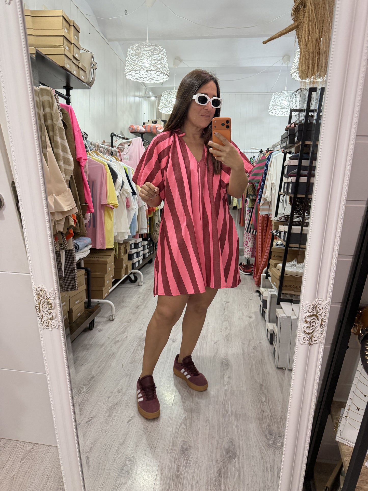 Vestido Cascais corto burdeos y fucsia