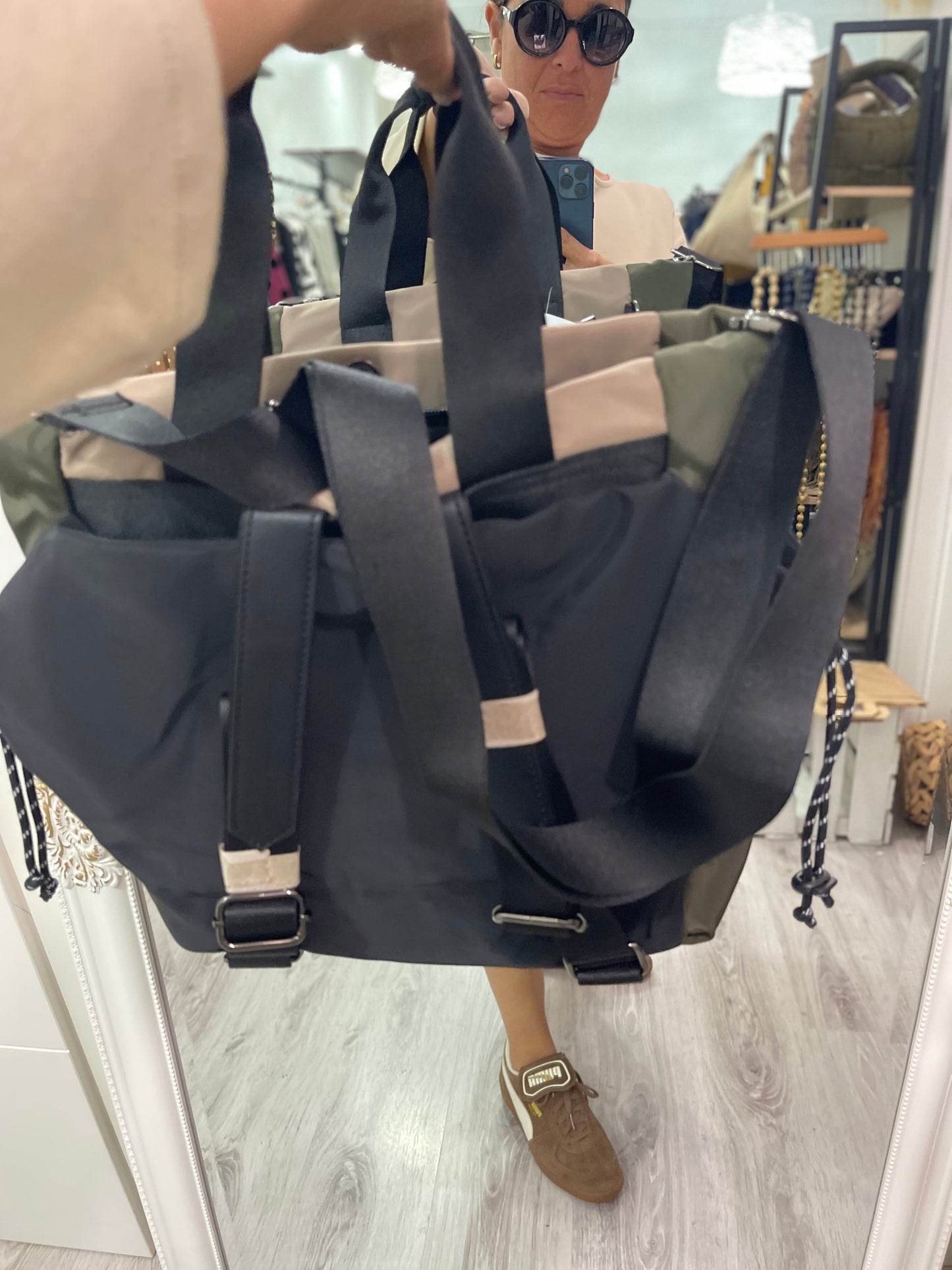 Bolso 3 en 1 kaki : de mano-mochila-bandolera