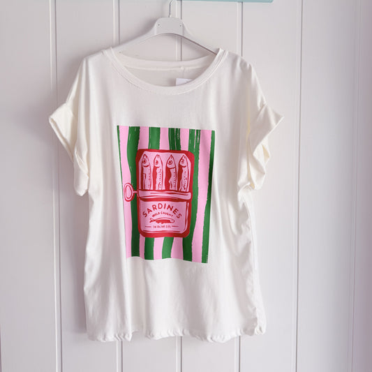 Camiseta Sardines rayas verde y rosa
