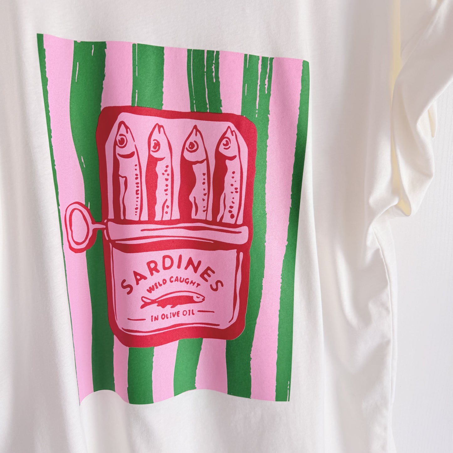 Camiseta Sardines rayas verde y rosa