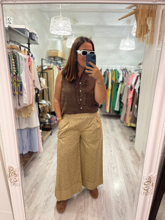 Pantalón Wide topitos camel