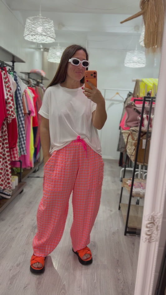 Pantalón vichy fluor coral y rosa